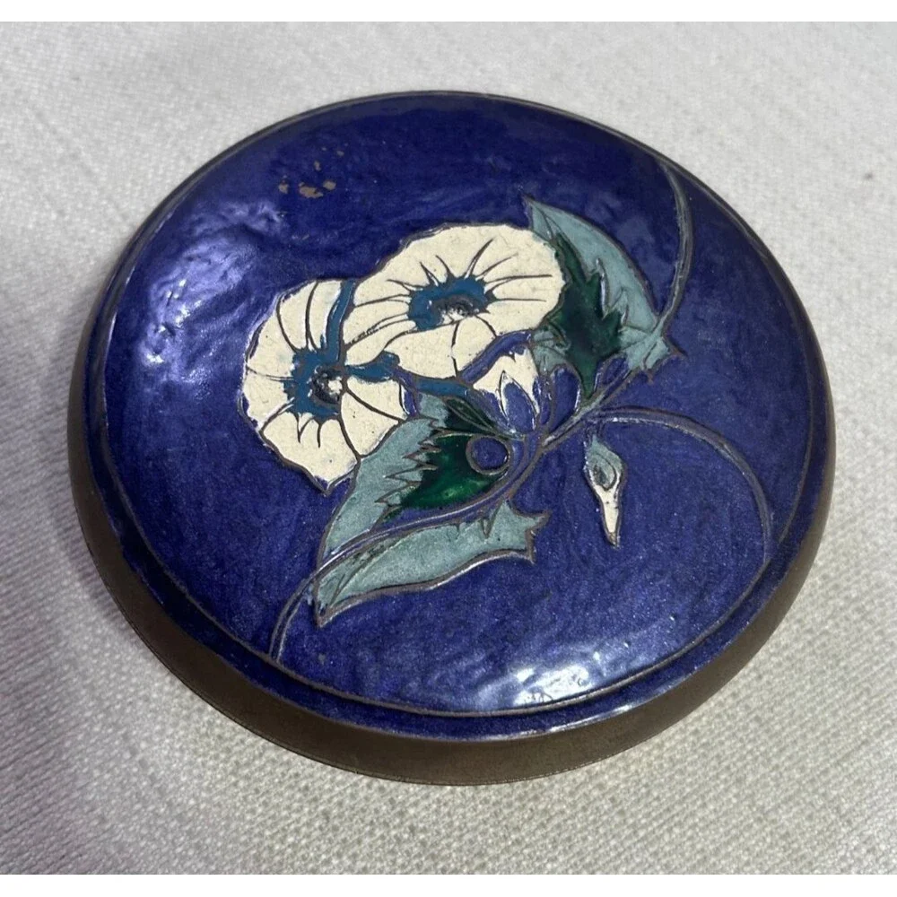 Vintage Brass Round Trinket Container Enamel Paint Flowers